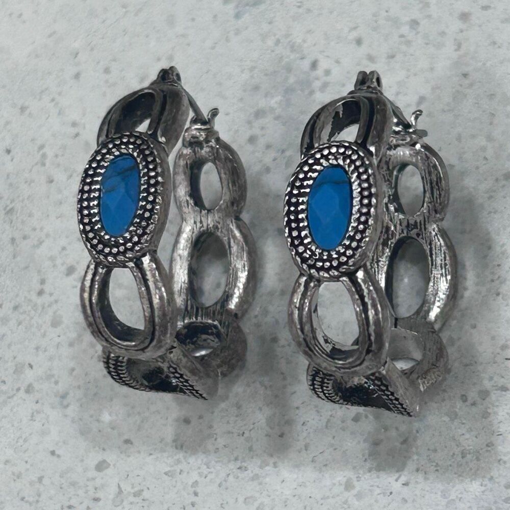 Lia Sophia "Oasis" Hoop Pierced Earrings Genuine Turquoise & Antique Silver-tone